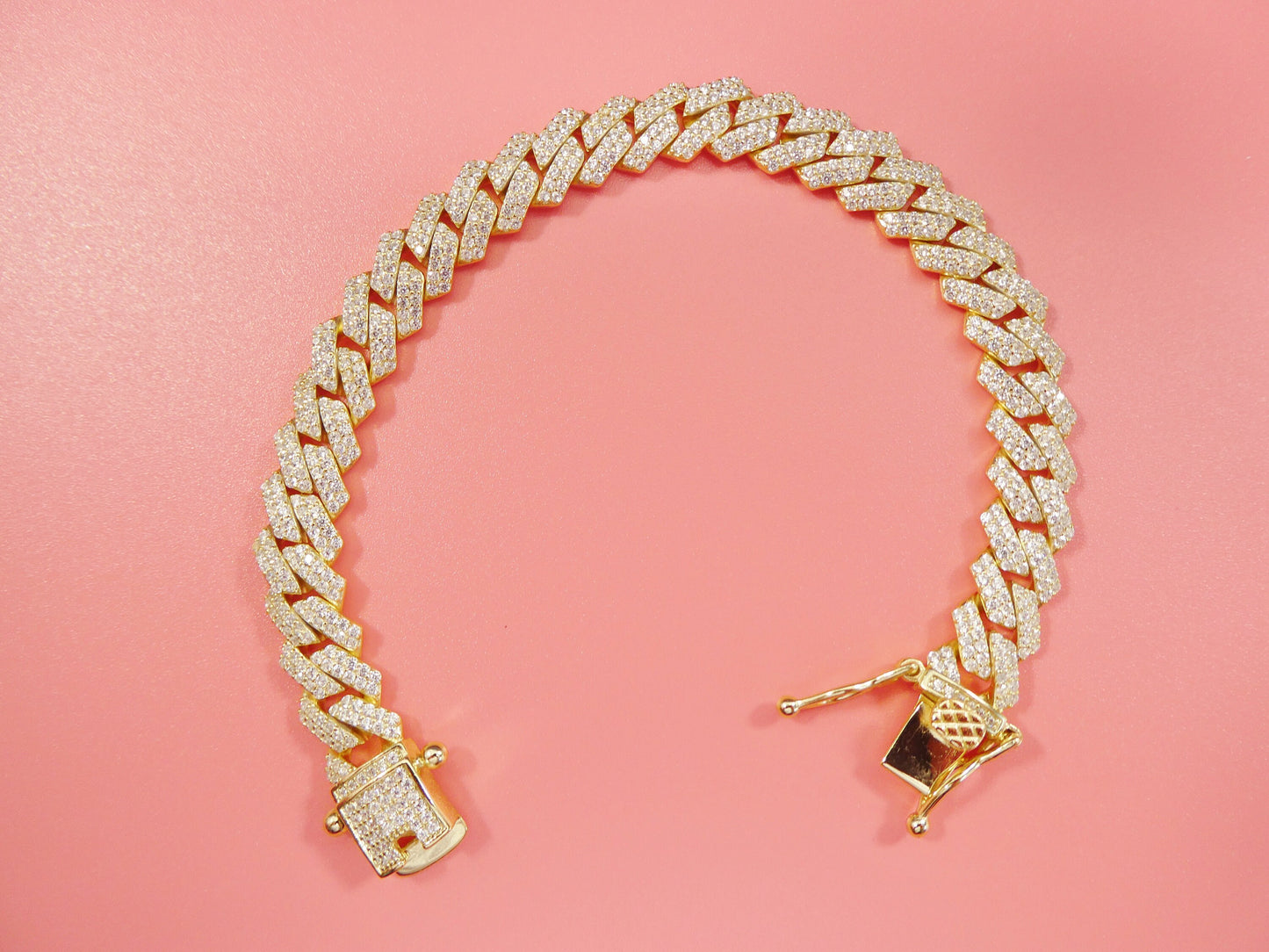 MEN LADIES 14k yellow gold color Monaco bracelet over real solid 925 sterling silver