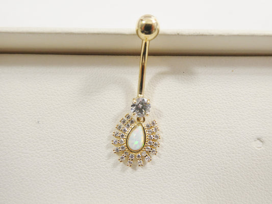 14k real solid yellow gold dangling barbell opal belly button ring piercing