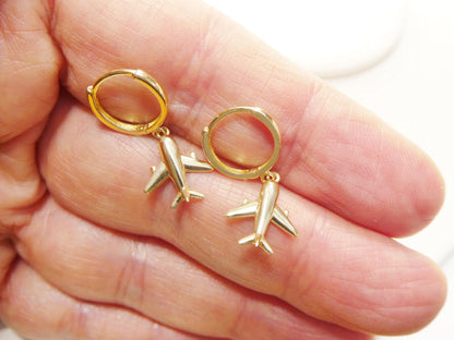 Real 10k Solid Yellow Gold Airplane Hoop Huggies Earrings