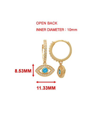 Real 10k Solid Yellow Gold Evil Eye Drop Hoop Huggie Earrings