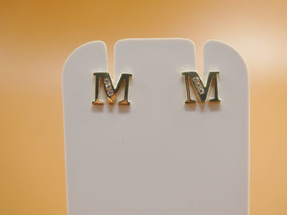 10K Real Solid Yellow Gold Alphabet Initial Push Back Stud Earrings