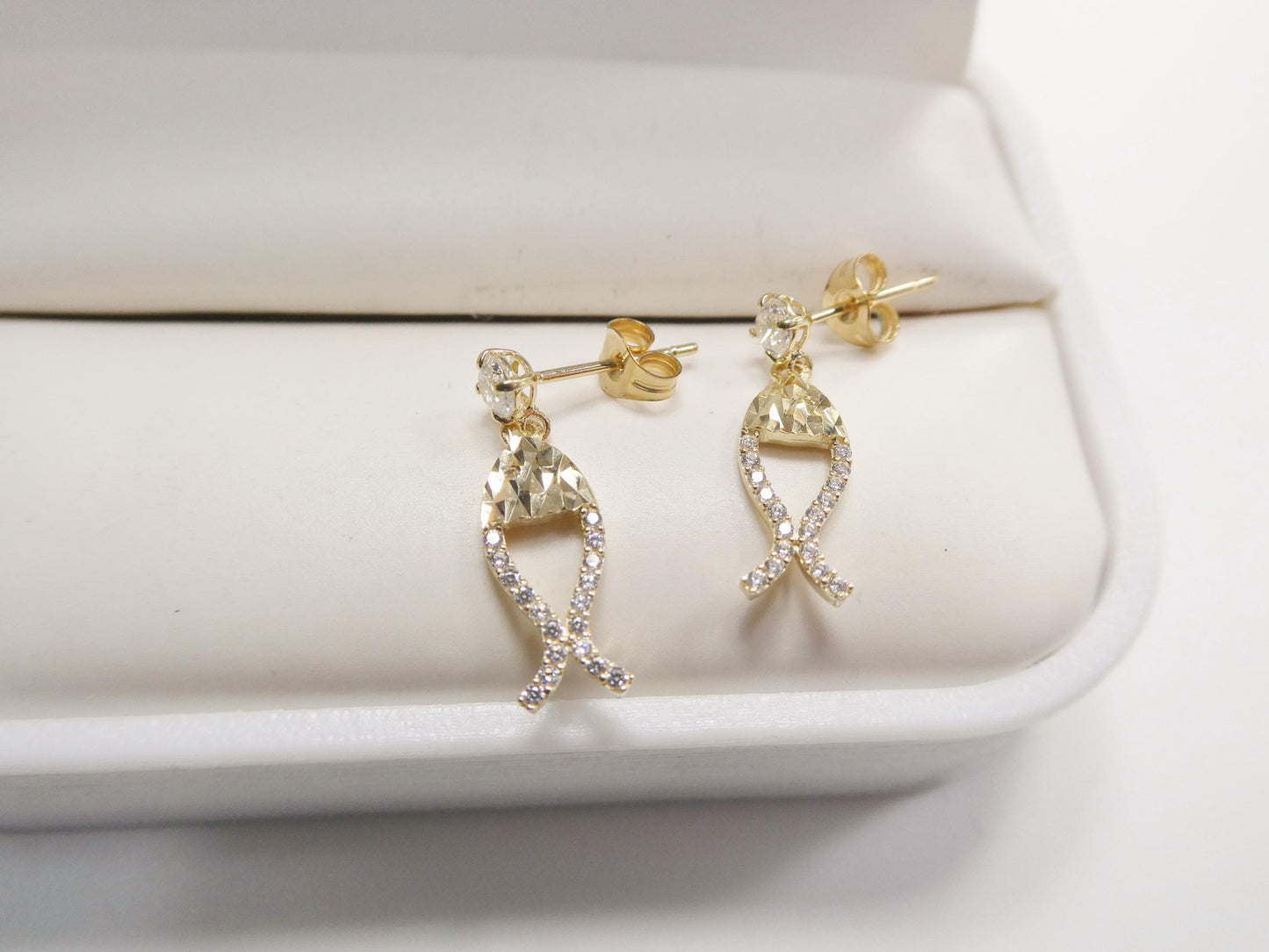 real 10k solid yellow gold fish dangling push post earrings