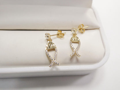 Real 10k Solid Yellow Gold Fish Dangling Push Post Earrings