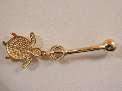 14k Real Solid Yellow Gold Dangling Turtle Belly Button Ring Piercing