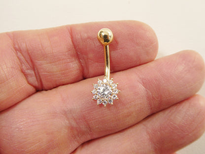 14k Real Solid Yellow Gold Flower Belly Button Ring piercing
