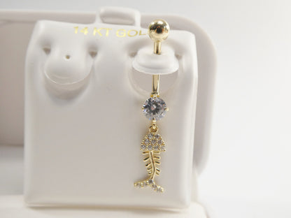 14k Real Solid Yellow Gold Fish Skeleton Dangling Belly Button Ring Piercing