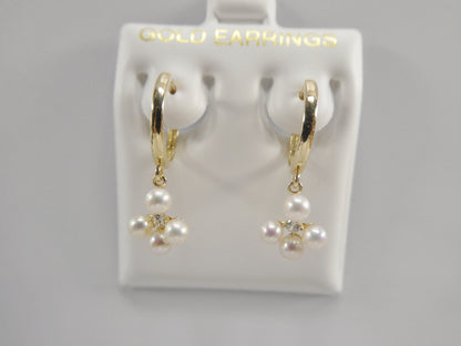 10k Real Yellow Gold Pearl Dangle Plain Huggie Earrings
