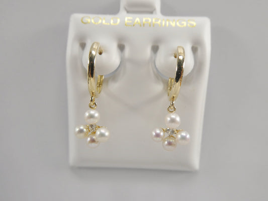 10k real yellow gold pearl dangle plain huggie earrings