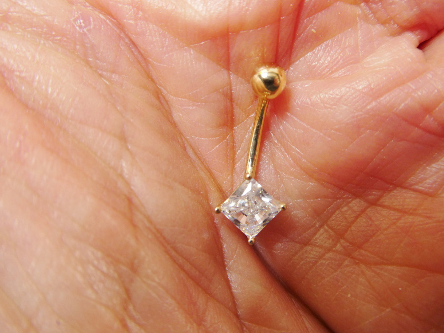 14k real solid yellow gold square stone belly button ring piercing