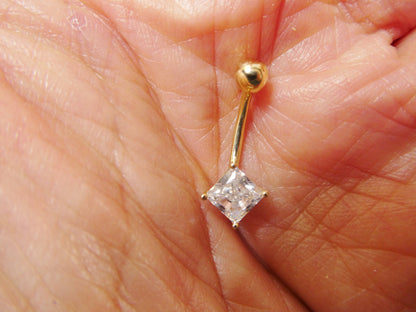 14k Real Solid Yellow Gold Square Stone Belly Button Ring Piercing