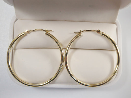 14K real solid yellow gold 2mm / 35mm round hoop earring snap closure high polish finish