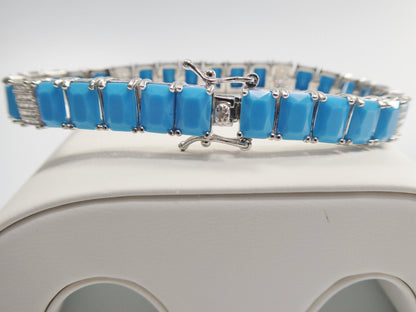 7 inch Real 925 Sterling Silver Rectangle Turquoise Tennis Bracelet