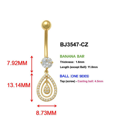 14k Real Solid Yellow Gold Oval Dangling Belly Button Ring Piercing