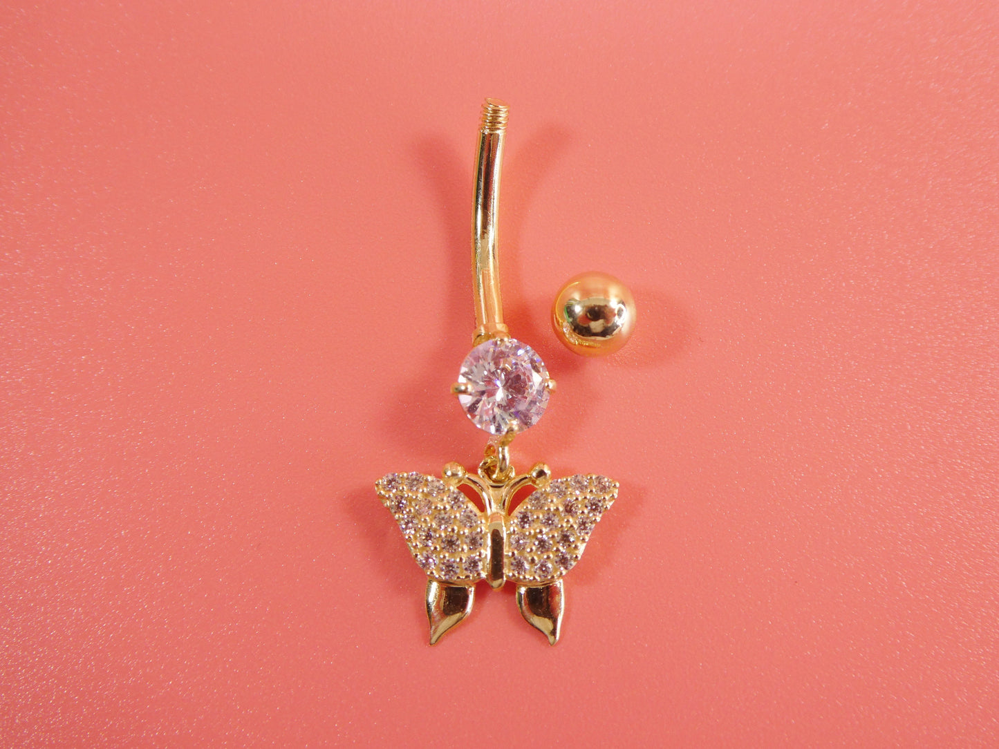 14k real solid yellow gold dangling butterfly belly button ring piercing