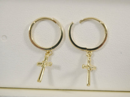Real 10k Solid Yellow Gold Hoop Huggie Dangle Plain Cross Earrings
