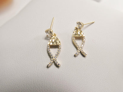 Real 10k Solid Yellow Gold Fish Dangling Push Post Earrings