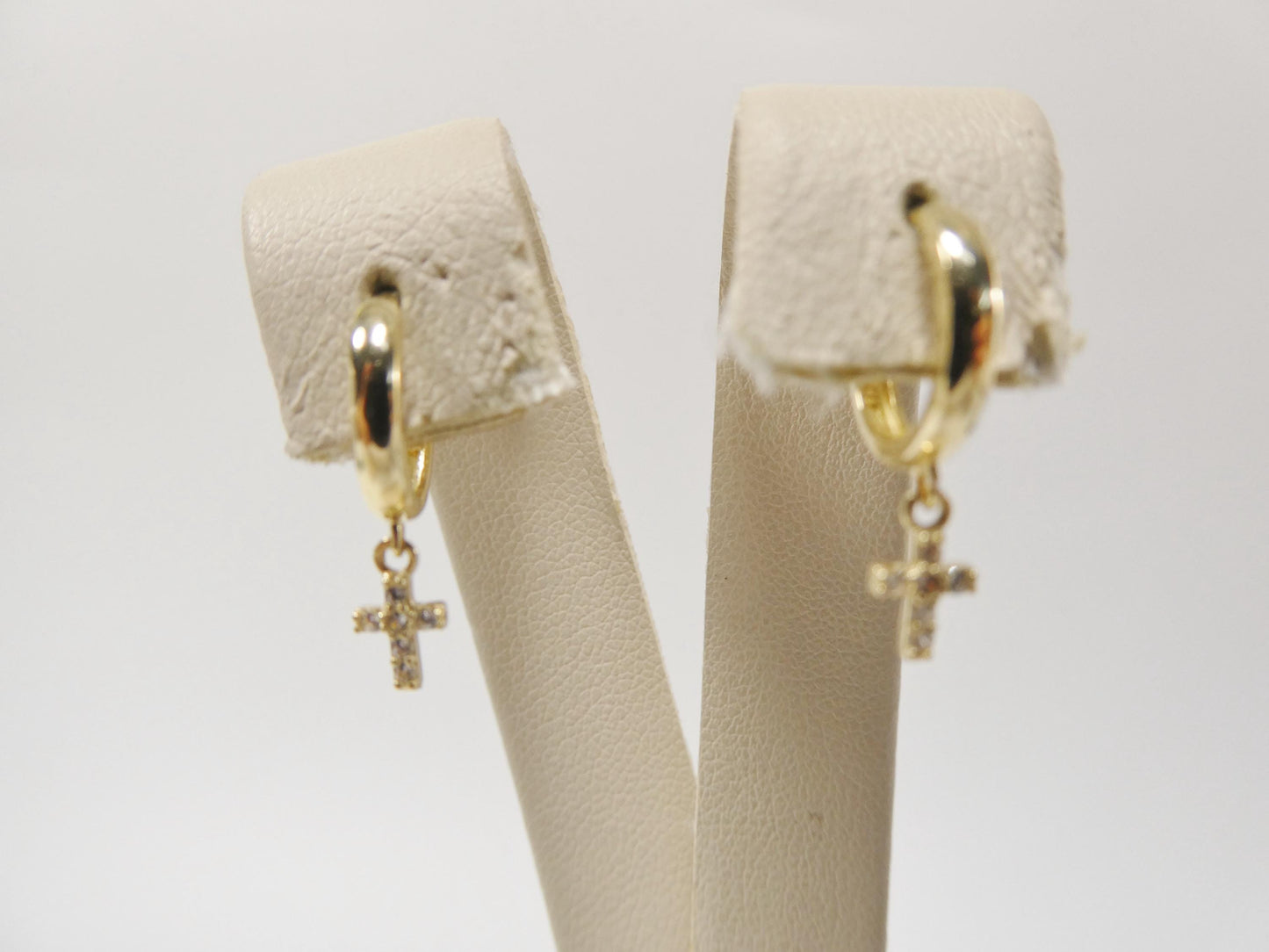 real 10k solid yellow gold cross dropping hoop huggie earring