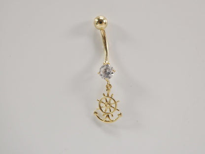 14k Real Solid Yellow Gold Dangling Steering Wheel Anchor Belly Button Ring Piercing