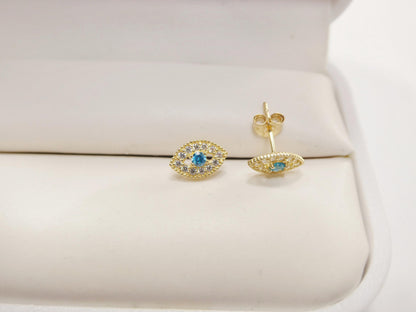 10k Real Yellow Gold Evil Eye Push Post Earrings