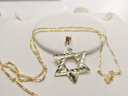 10k Yellow Gold Star of David Pendant Necklace: 18 inch Figaro Chain
