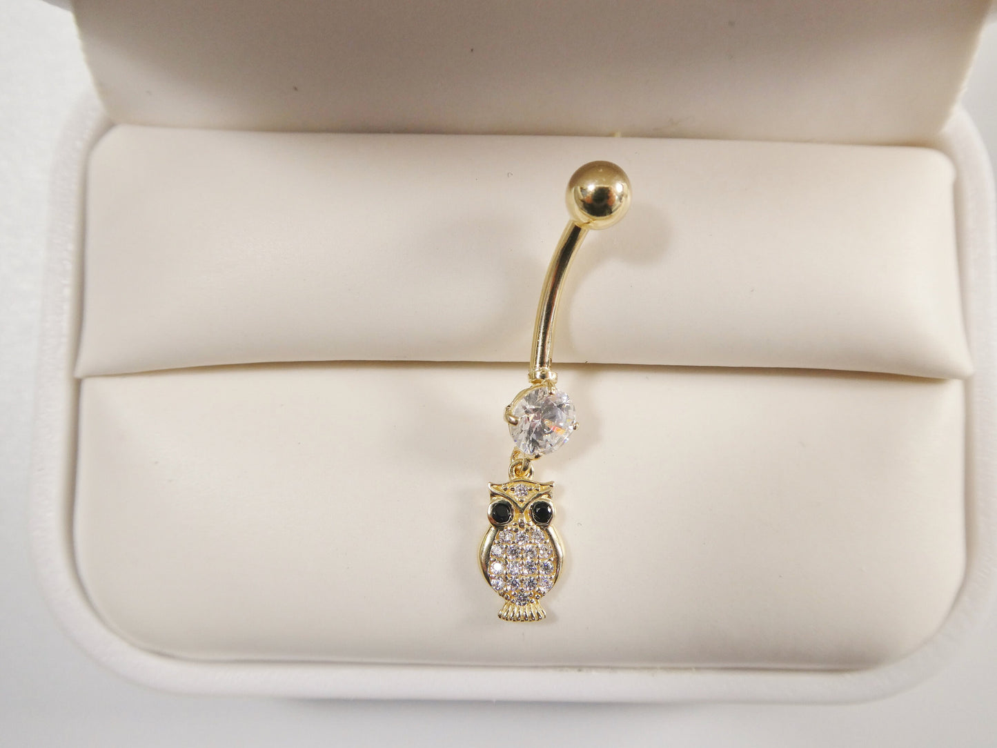 14k real solid yellow gold owl dangling belly button ring piercing