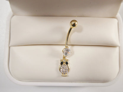 14k Real Solid Yellow Gold Owl Dangling Belly Button Ring Piercing