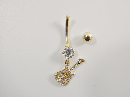 14k Real Solid Yellow Gold Guitar Dangling Belly Button Ring Piercing