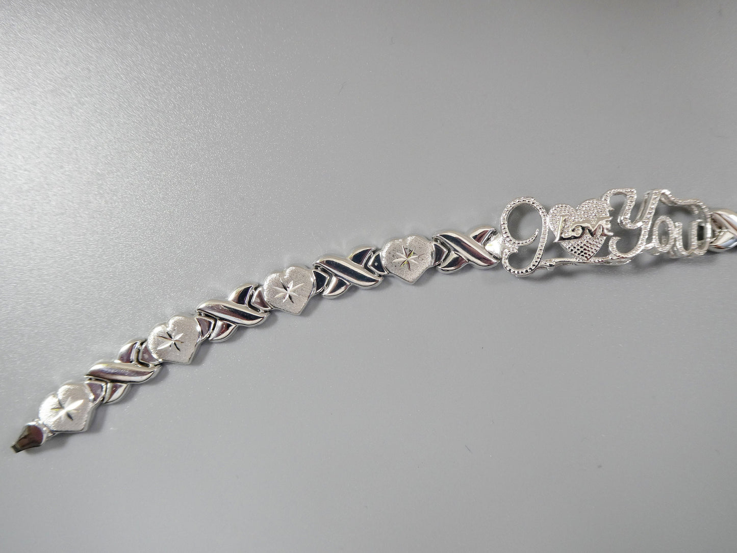 Sterling Silver I Love You XO Bracelet - 14k White Gold Finish