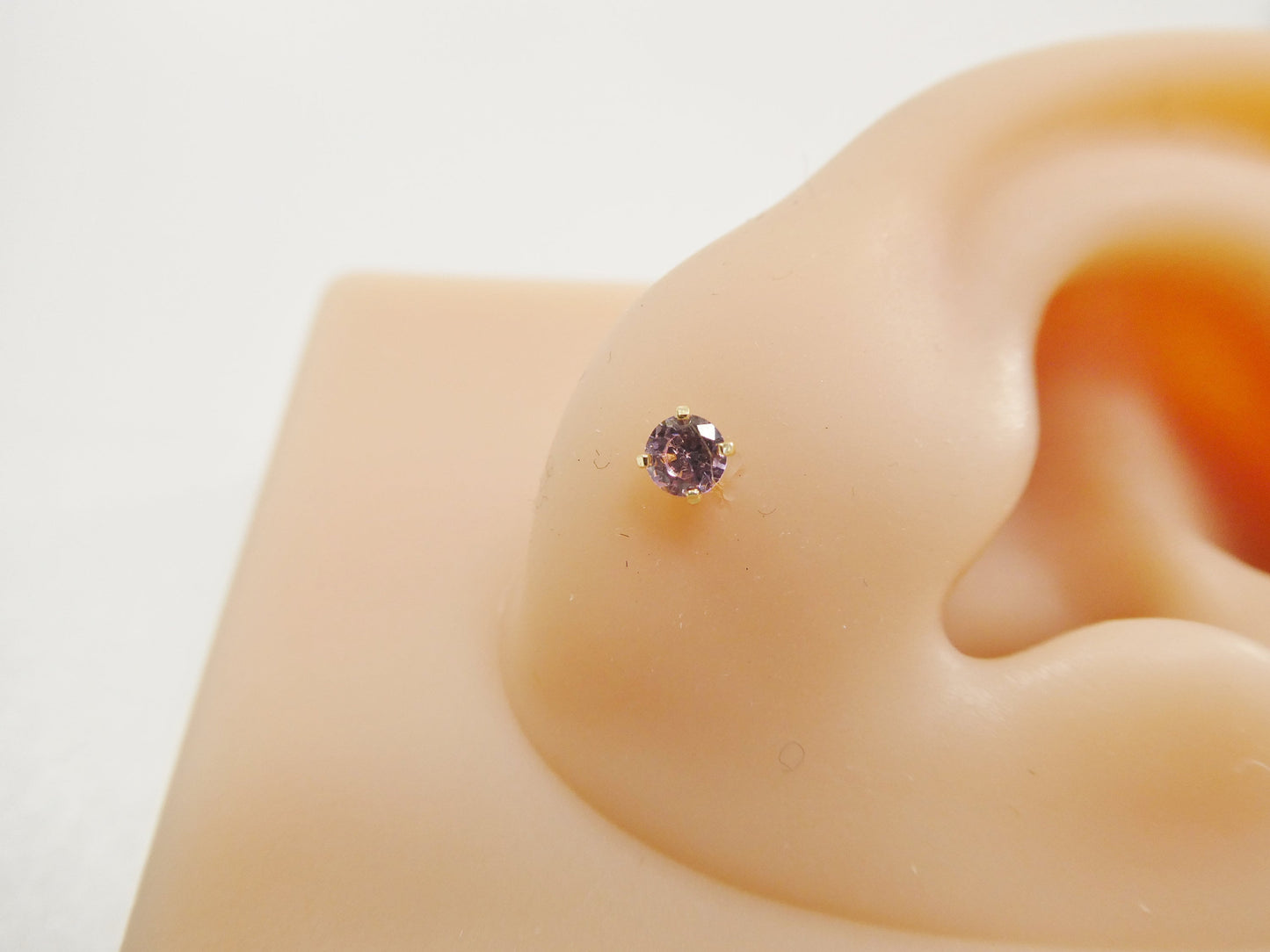 3MM 14k real solid yellow gold color stone cartilage flat screw back piercing