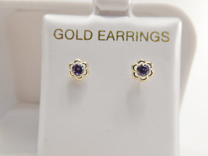 10k Real Solid Yellow Gold Birthstone Screw Back Children Earrings Flower Shape
