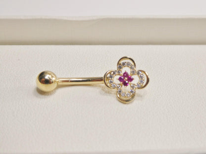 14k Real Solid Yellow Gold Flower Belly Button Ring Piercing
