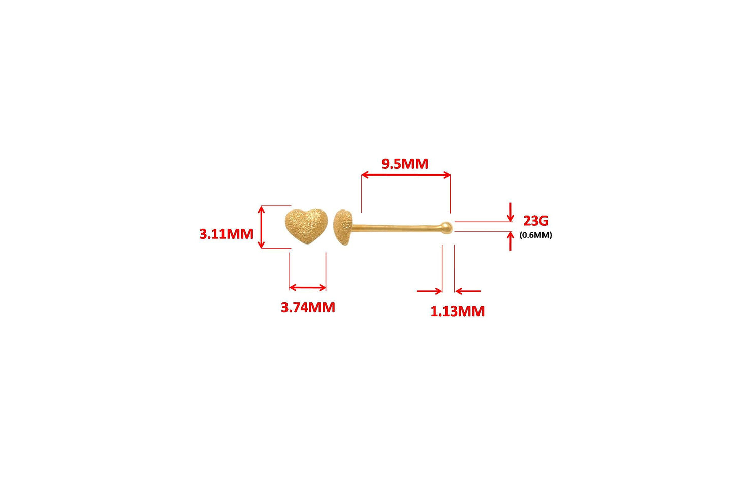 14k real solid yellow gold heart nose stud ring