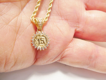 10k Real Solid Yellow Gold 15 Years Boy Girl Pendent and Rope Necklace