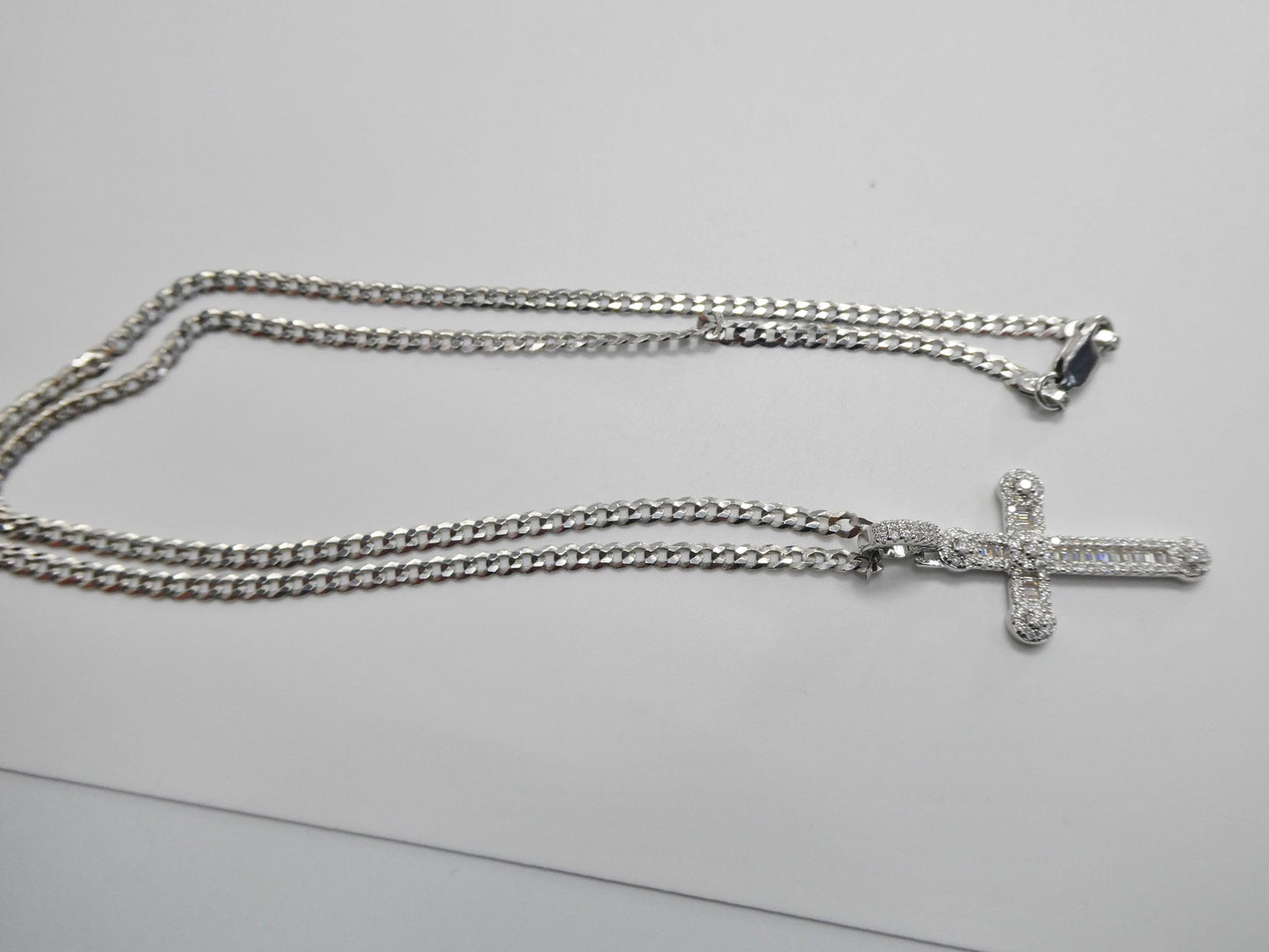 real 925 sterling silver 18 inch flat chain and moissanite cross pendent charm