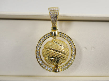 Real 925 Sterling Silver Basket Ball Charm Pendent 14k Yellow Gold Finish