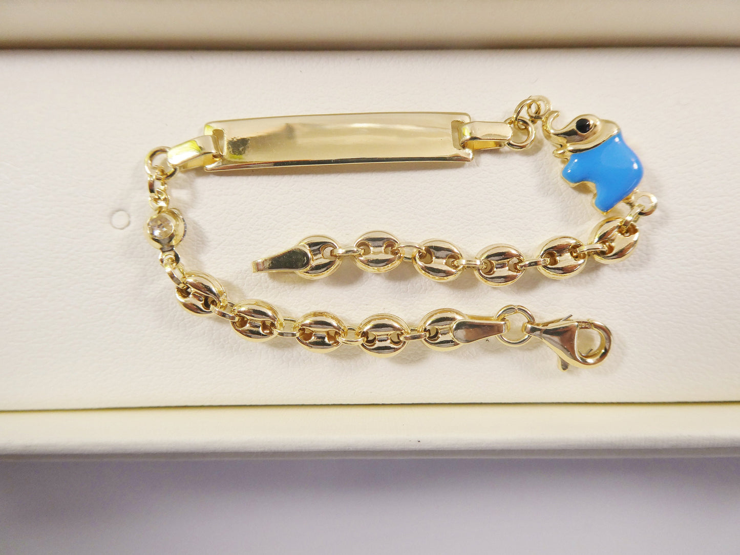 14k Yellow Gold Baby ID Bracelet: Enamel Elephant Mariner Chain, 6 Inch