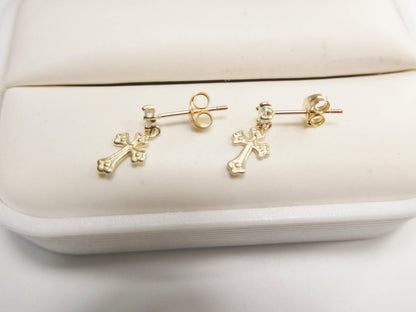 Real 10k Solid Yellow Gold Cross Dropping Push Post Earrings
