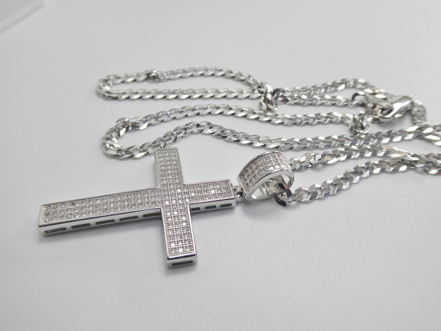 real 925 sterling silver 22 inch flat chain and moissanite cross pendent charm