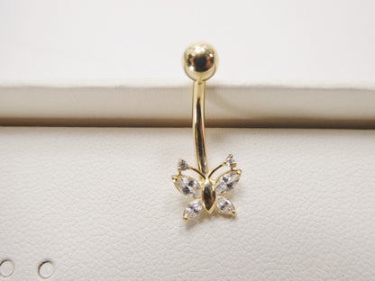 14k Real Solid Yellow Gold Butterfly Belly Button Ring Piercing
