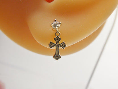 Real 10k Solid Yellow Gold Cross Dropping Push Post Earrings