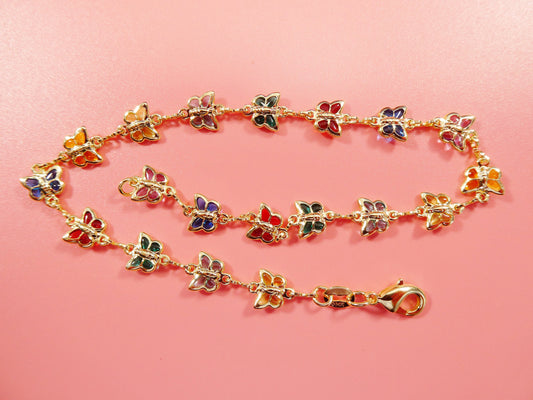 10 inch multi full color stone butterfly 18k gold filled ladies anklet bracelet
