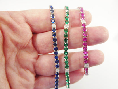 Real 925 Sterling Silver Sapphire Spinel Tennis Bracelet Box Lock Clasp