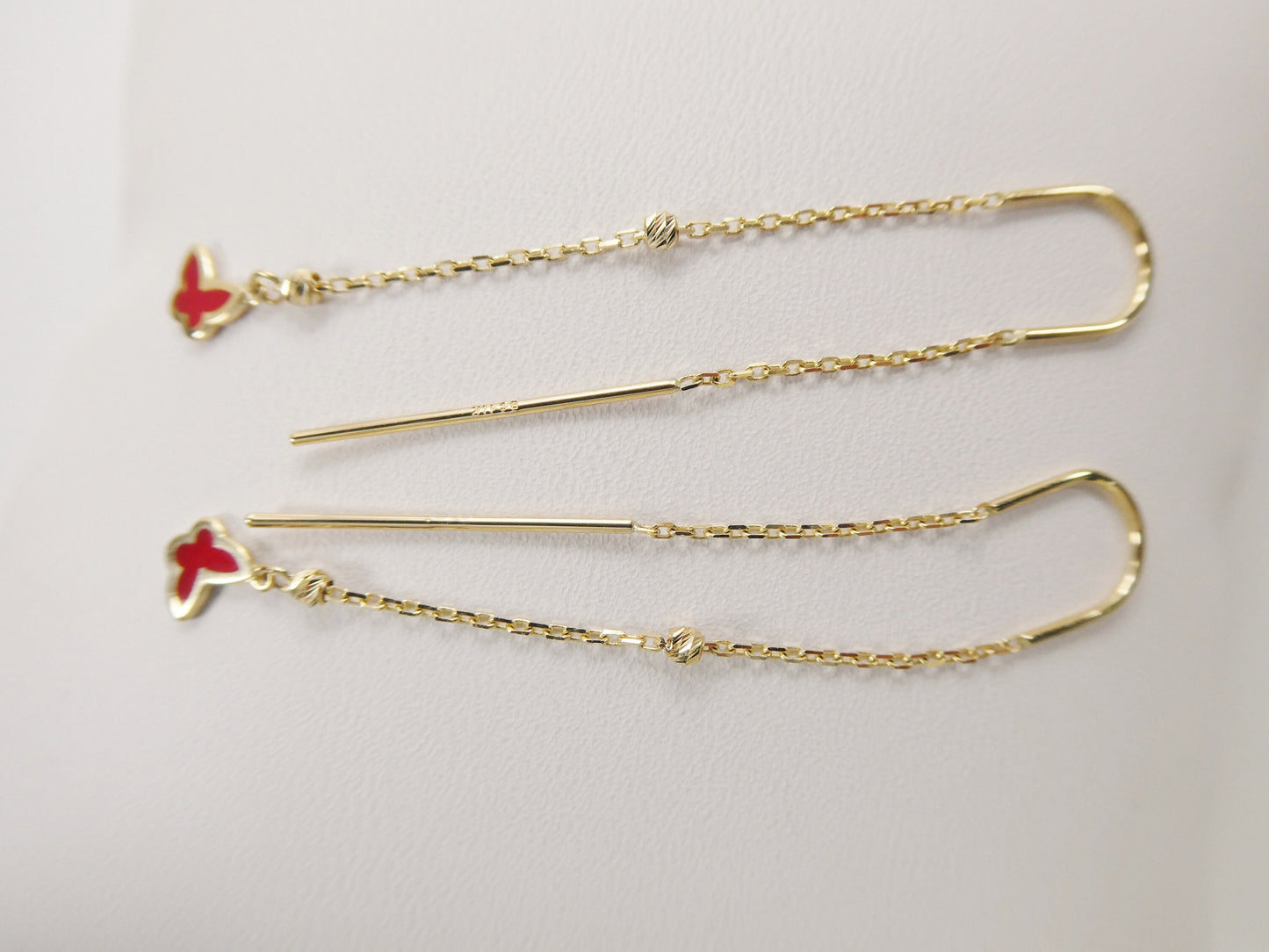 14k real solid yellow gold butterfly enamel long dangling earrings