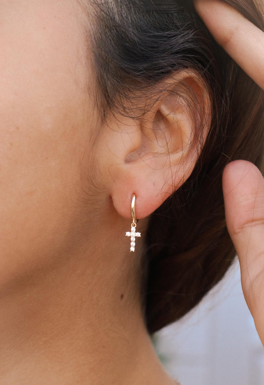 real 10k solid yellow gold cross dropping hoop huggie earring
