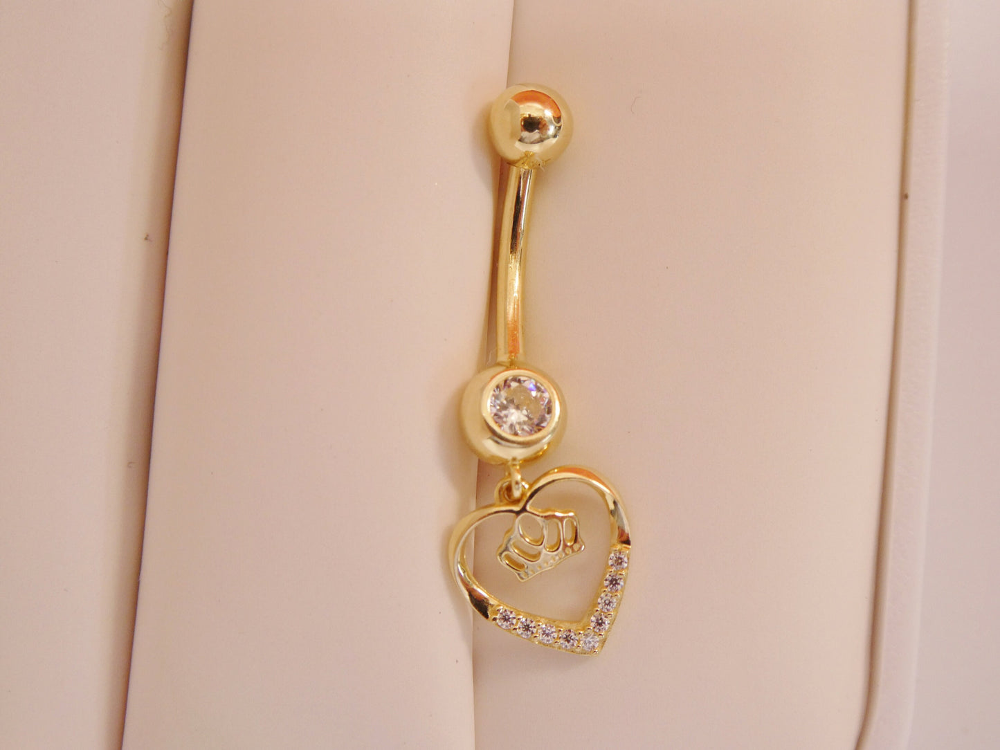 14k real solid yellow gold dangling crown heart belly button ring piercing