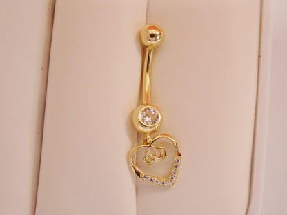 14k Real Solid Yellow Gold Dangling Crown Heart Belly Button Ring Piercing