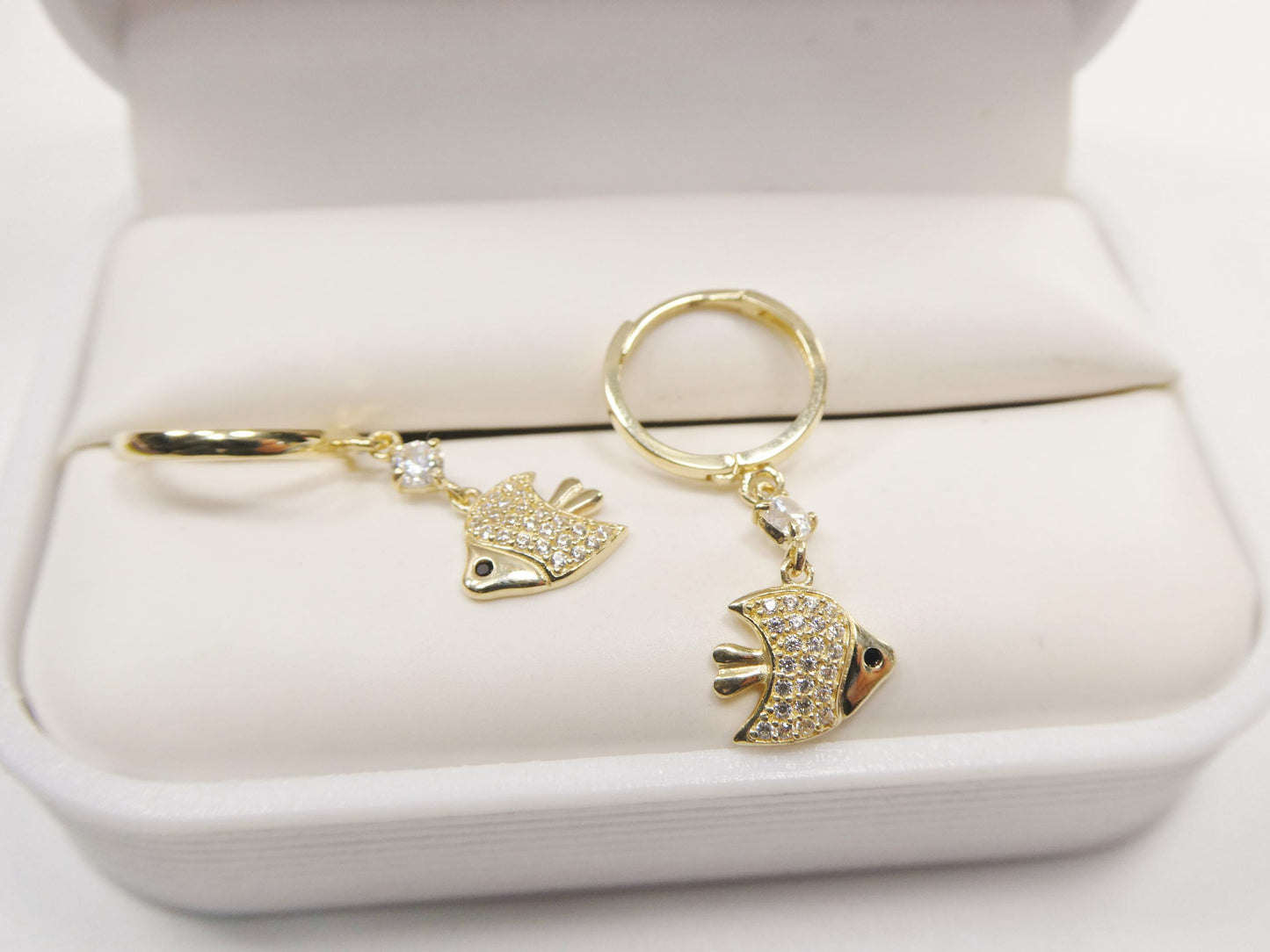 real 10k solid yellow gold fish dangling hoop huggie earrings