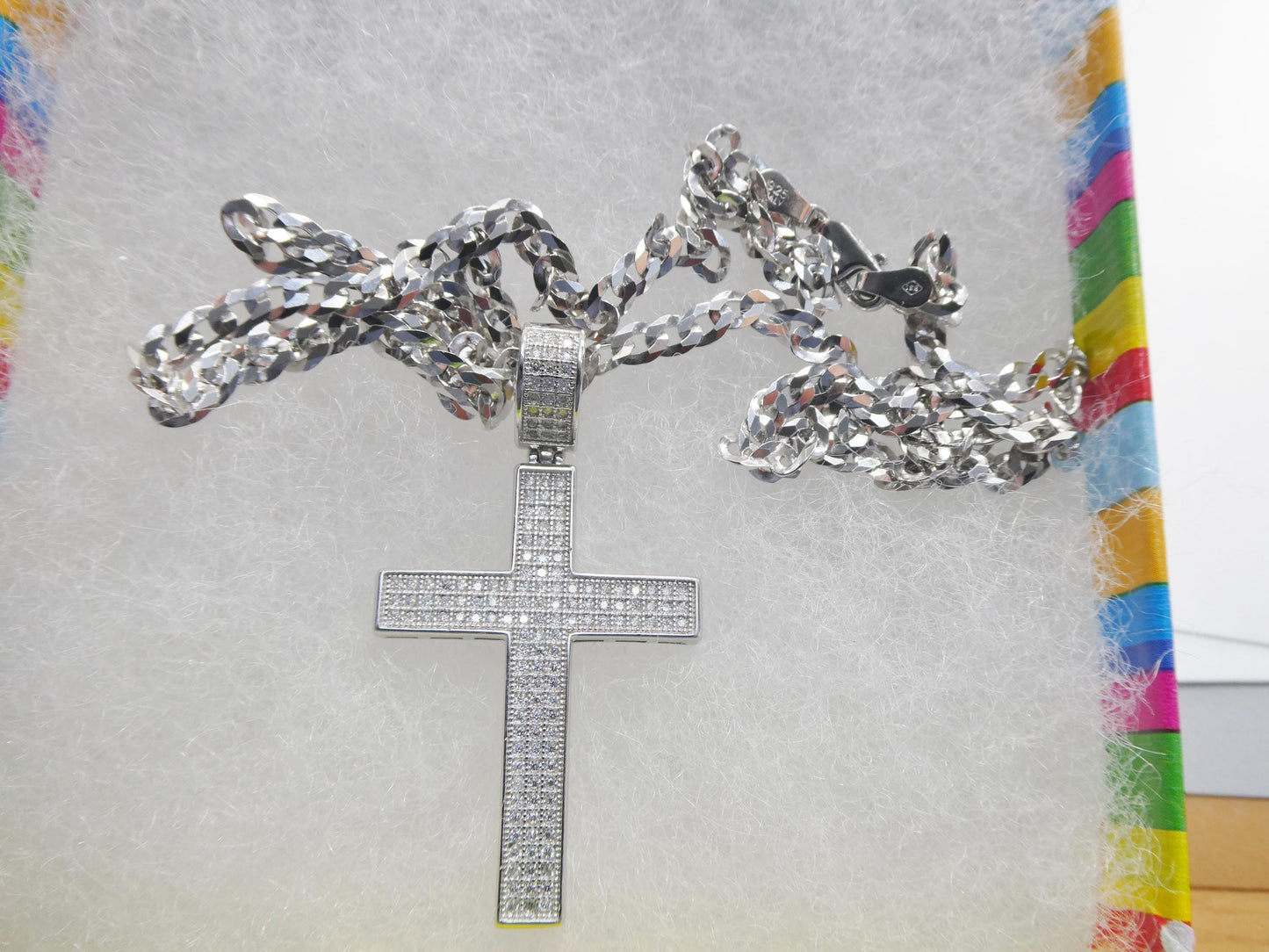 real 925 sterling silver 22 inch flat chain and moissanite cross pendent charm