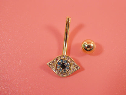 14k Real Solid Yellow Gold Evil Eye Belly Button Ring Piercing