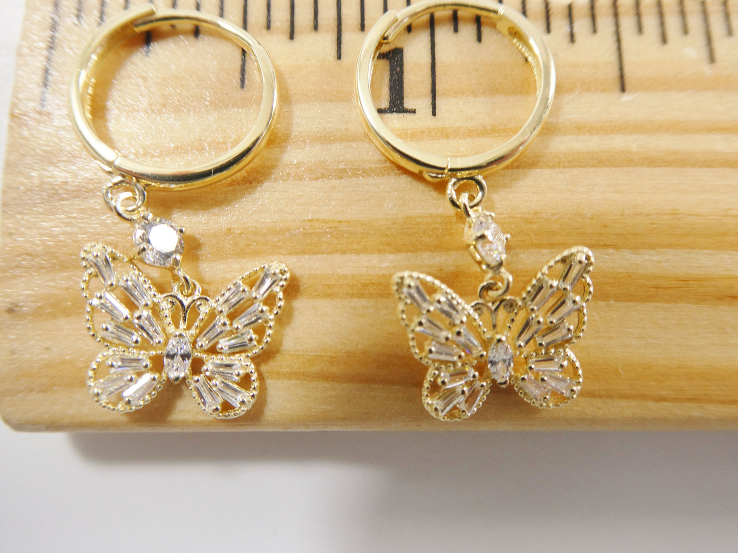 real 10k solid yellow gold butterfly drop baguette setting hoop huggie earrings